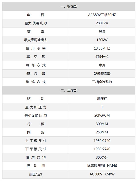 150K四工位充氣床墊高周波機(jī)參數(shù)
